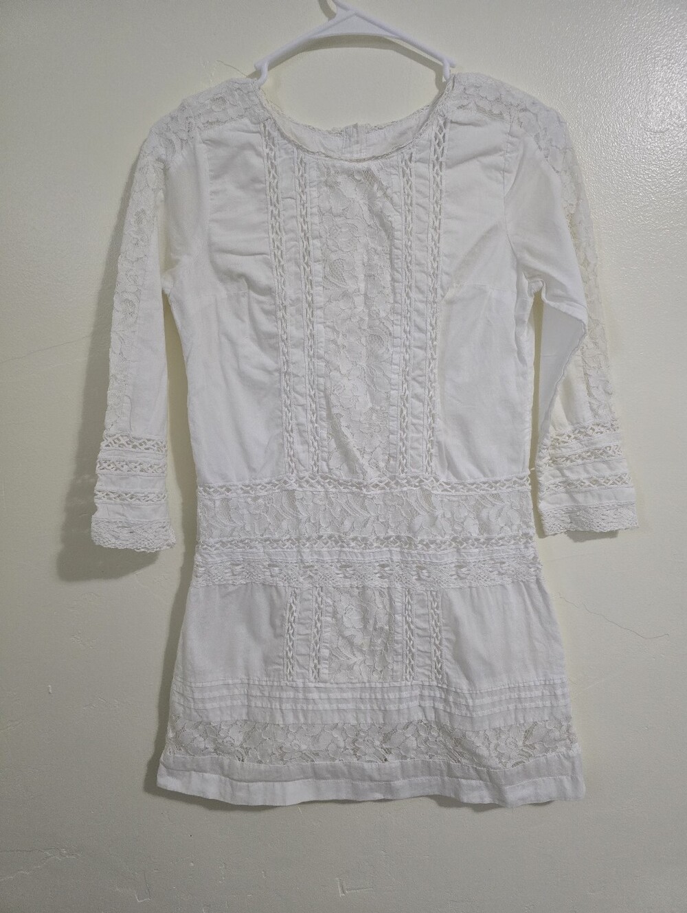 Abercrombie Fitch White Lace Crochet 3/4 Sleeve Mini Dress Size XS Drop Waist